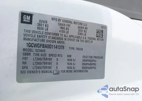 2013 Chevrolet Express 2500 Work Van from USA, damaged, VIN 1GCWGFBA8D1141378